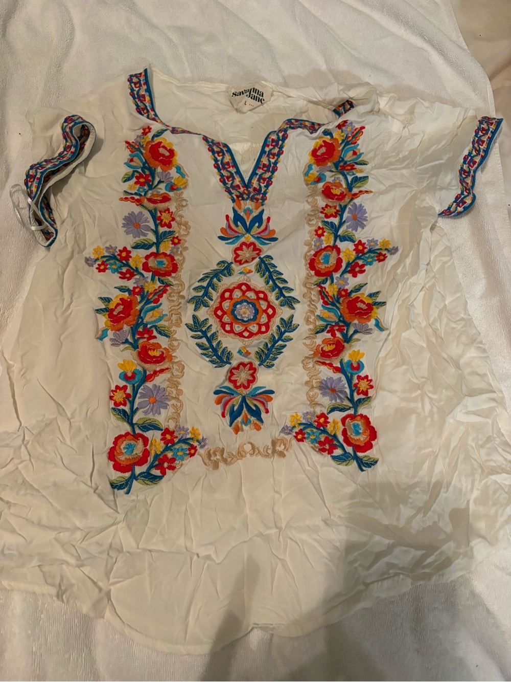 Savanna Jane White Embroidered Floral V-Neck Blouse